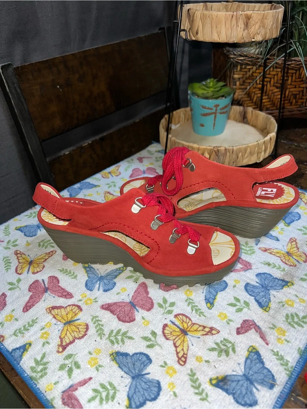 Fly London Ylfa Scarlet Red Leather Lace up Comfort Wedge Sandals Shoes